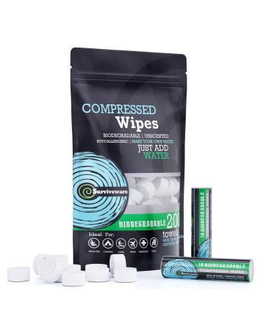 Surviveware Biodegradable Compressed Wipes, Paper Towel Coin Tissue, Face and Body Wipes for Post Workout and Camping, Wipes for Adults, Large Wipes, 200 Count