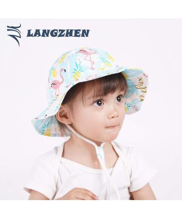 LANGZHEN Flamingo Beach Sun Hat for Baby Girls | Adjustable Wide Brim Toddler Kids Play Hat with Chin Strap - 1-2 Years - Buy Online on GoSupps.com
