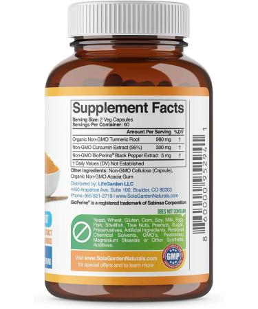 Organic Turmeric Curcumin with BioPerine & 95% Curcuminoids - 120 Non GMO Veggie Capsules by SolaGarden Naturals - Buy Online on GoSupps.com