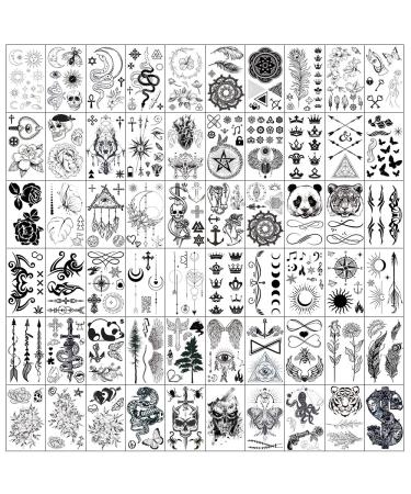 Esland 330+ Realistic Black Temporary Tattoos for Adults  60 Pcs Vintage Skeleton Snake Tattoo Designs  Crowns  Arrows  Sun Moon Stars  Line Flowers  Butterfly  Feather  Infinite Love Tattoo Stickers for Women
