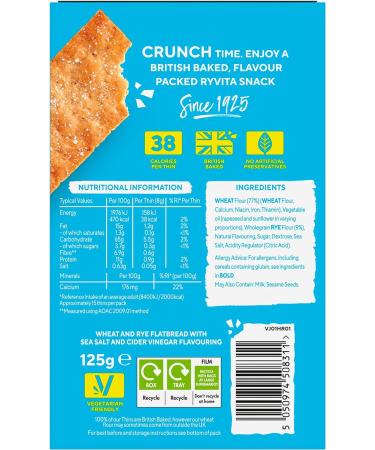 Ryvita Thins Snack It Sea Salt & Cider Vinegar Flvour 125g Pack of 6 Sea salt and Cider Vinegar 125.00 g (Pack of 6) - Buy Online on GoSupps.com