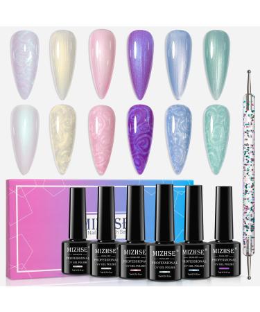 Mizhse gel nail polish set - 6 colors pearl effect uv nail polish set white shimmer gel nail polish set with thread shell yellack uv 10ml uv/led soac off pearl uv gel nail polish set 226