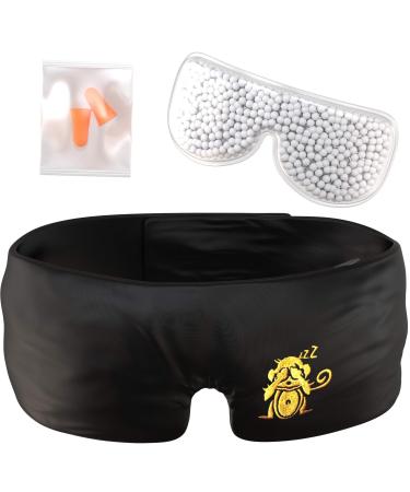 Sleep Monkey Luxury 100% Silk Sleep Mask with Cooling Gel Inserts & Ear Plug Kit - Enhance Premium Silk Quality - Works for Back Side & Front Sleep Positions - 99.9% Blackout with Dry Eye Protection