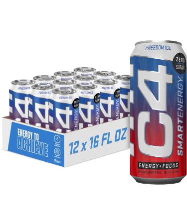 C4 Smart Energy Drink - Sugar Free Performance Fuel & Nootropic Brain Booster, Coffee Substitute or Alternative | Freedom Ice 16 Oz - 12 Pack Freedom Ice 16 Fl Oz (Pack of 12)
