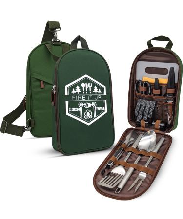 BOMKI Grilling and Camping Cooking Utensils Set for The Outdoors BBQ - Camping Utensil Set Camping Kitchen Set Cookware Accessories with Case Camping Essentials Camping Stuff Camp Cooking Set Green