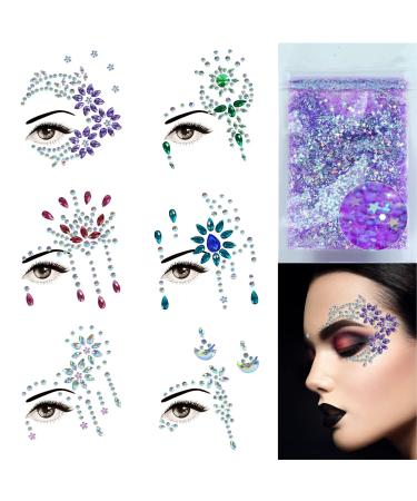 Face Jewels-6Sheets Face Gems Stick On+10g Chunky Glitter  Face Jewelry Rhinestones Crystals Stickers-Fairy Euphoria Eye Body Makeup Rave Clothes Festival Outfit Accessories Teen Girl Gifts