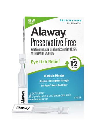 Alaway Eye Drops, Preservative Free Antihistamine Eye Drops for up to 12 Hours of Eye Itch Relief, 20 Single-Dose Vials,20 Count (Pack of 1)