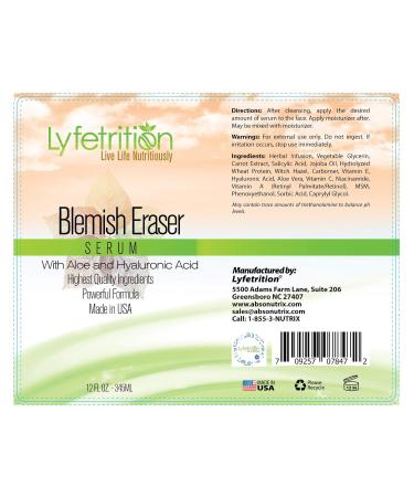 Lyfetrition Blemish Eraser Serum - Reduce Wrinkles & Lighten Dark Spots - Hyaluronic Acid Aloe & Vitamin C Infused - 12 fl oz - Buy Online on GoSupps.com