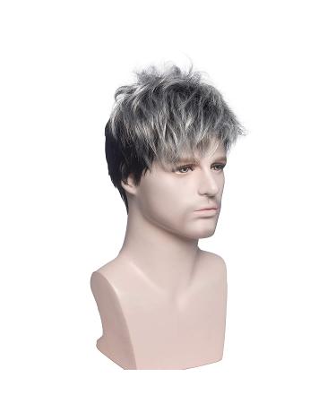 Men's Short Gray Synthetic Wig for Cosplay - Natural Straight Grey/Black Mix - Silver Short Hair - Buy Online on GoSupps.com