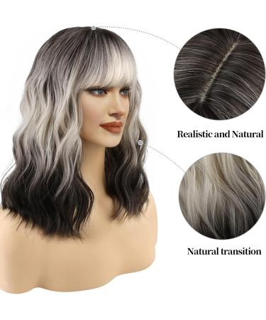 FAELBATY Short Black Ombre White Blonde Wave Bob Wig with Bangs | Shoulder Length Synthetic Cosplay Party Wig (12 60R) - Buy Online on GoSupps.com
