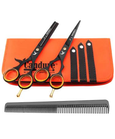 Candure Hairdressing Cutting Scissors Barber and Thinning Salon Shears Set 5.5 inch 5.5" Deep Black