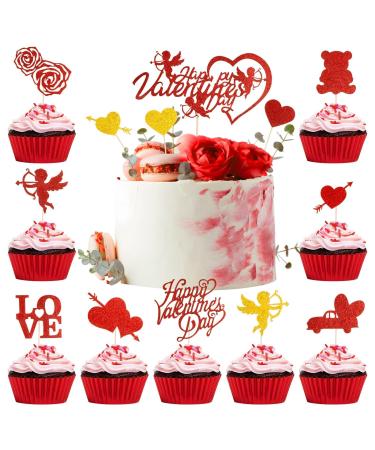 19pcs Happy Valentine's Day Cake Topper Glitter Paper Cupcake Toppers Pattern Heart Bear Rose Love Dessert Picks Cake Decoration for Valentine's Day