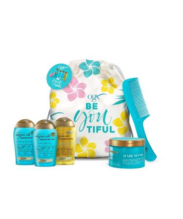 OGX Argan Oil of Morocco Satchel with mini shampoo mini conditioner hair oil hair mask drawstring bag and comb Gift Set for Dry Damaged Hair