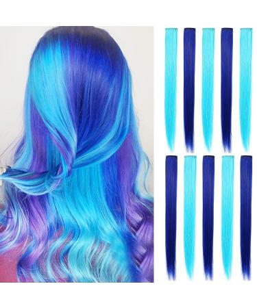 Lskjmo Bright Blue Blue Wig Pieces Colorful Party Highlights Clip in Colored Hair Extensions Multicolors Straight Synthetic Hairpieces for Women Girls Bright Blue Blue