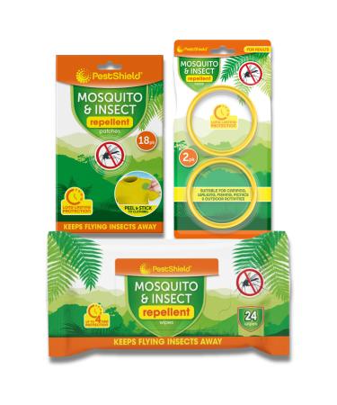 Mosquito Repellent Set: PestShield Mosquito Repellent Wipes 24pk Citronella Mosquito Repellent Patches 18pk and Citronella Mosquito Repellent Bracelet Bands 2pk - Full Protection Kit