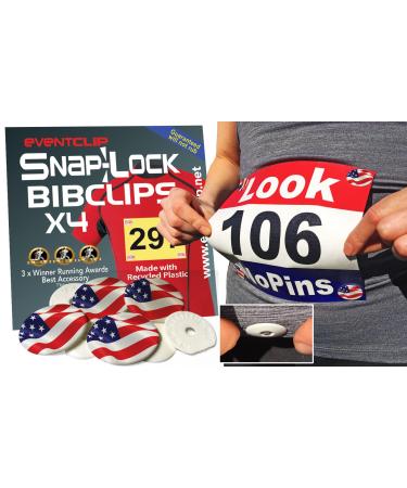 EventClip US Flag Snap-Lock BibClips Made with Recycled Plastic. Fed up with Safety Pins. for securing Running and Cycling Numbers, far Better Than Magnets and far Less Packaging.