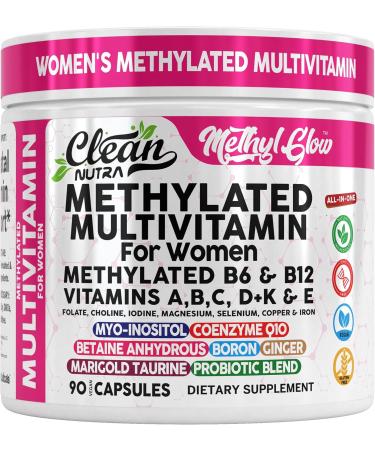 Methylated Multivitamin for Women Vitamins B6 Methyl B12 A B C D K E Folate Choline Omega 3 Thiamine Riboflavin Iron Iodine Magnesium Zinc Selenium Copper Calcium 90 Capsules by Clean Nutra - Buy Online on GoSupps.com