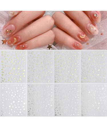 8 Sheets Stars Moon Nail Art Stickers 3D Metallic Self-Adhesive Gold Silver Geometry Star Moon Planet Nail Decals for Acrylic Nail Supplies DIY Manicure Nail Decoration Accessories
