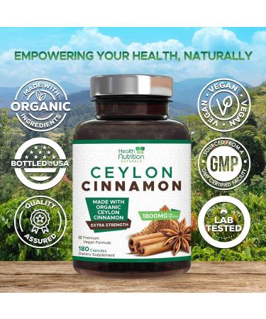 Ceylon Cinnamon Capsules 1800mg - Extra Strength Certified Organic True Cinnamon Powder Formula for Energy & Heart Support Bottled in USA Non-GMO Gluten Free Sugar Free Supplement 180 Capsules 180 Count (Pack of 1) - Buy Online on GoSupps.com
