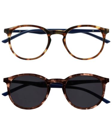 Opulize Met Twin Pack Reading Glasses With Sun Readers Large Round Brown Navy Blue Men Women Spring Hinges RS60-2 +1.50 Brown Tortoiseshell Front Dark Blue Arms +1.50 Dioptres