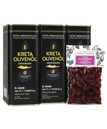 Golden Kreta Olive Oil 3L 3 x 1L cans + 1 Lamda Estate Kalamata Vacuum-Packed Olives 250g
