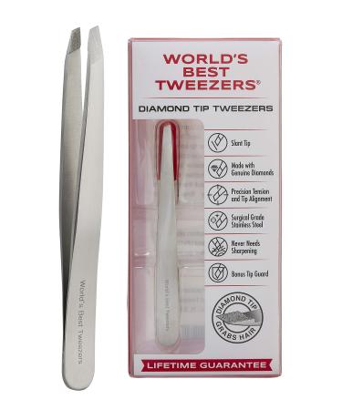 World's Best Tweezers Diamond Tip Tweezer - Diamond Coated Slant Tip Precision Eyebrow Tweezer, Facial & Ingrown Hair Remover - Perfectly Aligned - Grabs Hair From The Root - Stainless Steel Ordinary Tweezer