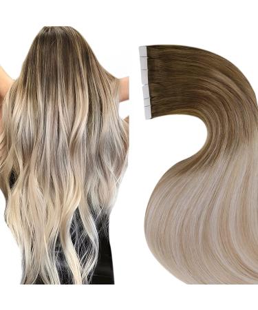 LAAVOO Balayage Tape in Hair Extensions Ombre 18 inch Light Brown to Ash Blonde Mix Platinum Blonde Hair Extensions Tape in Real Human Hair Salon Quality 20pcs 50g 18'' Tape-8/18/60-HOT