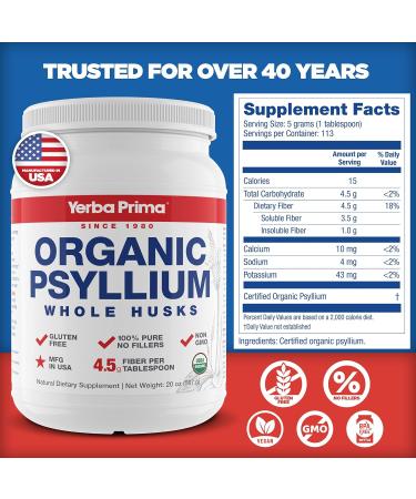 Yerba Prima Organic Whole Psyllium Husks Fiber 20 oz (Pack of 2) - Colon Cleanser & Detox Support - Gluten Free, Non-GMO, Vegan - Natural Daily Fiber Supplement - Buy Online on GoSupps.com