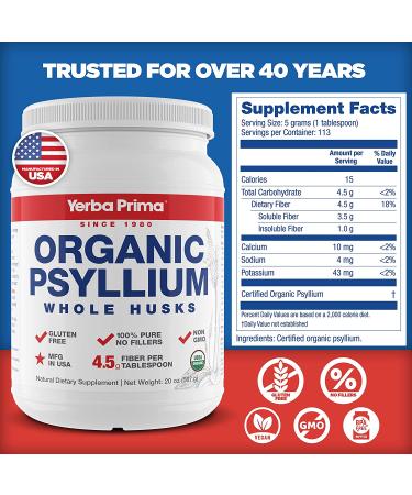 Yerba Prima Organic Psyllium Whole Husks Colon Cleanser - 20 oz - Natural Daily Dietary Fiber Supplement 20oz Colon Cleanser Regularity  Detox Cleansing Support Gluten Free Non GMO Vegan - Buy Online on GoSupps.com