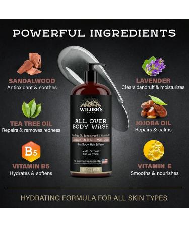Wilder's Prime Men's Body Wash with Tea Tree Oil, Sandalwood & Vitamin B5 - 3-in-1 Shower Gel for Body, Hair & Face - 32 oz - Made in USA - Buy Online on GoSupps.com