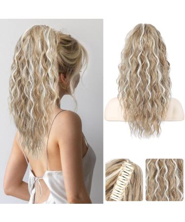 REECHO Ponytail Extension Claw Clip Ponytail Extension for Women Multi Layered Curly Wavy Synthetic Clip in Ponytail Hairpiece for Daily Use - Honey Blonde with Highlights
