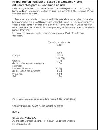 Preparation for thick Spanish chocolate without added sugar Valor 400 Grs - Buy Online on GoSupps.com