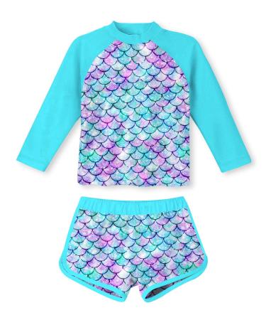 TUONROAD Girls Swimming Costume Toddler Baby Kids Two Piece Long Sleeve Swimsuit UPF 50+ Protection Bathing Suit Swim Set for 4-10 Years 3-4 Years Mermaid
