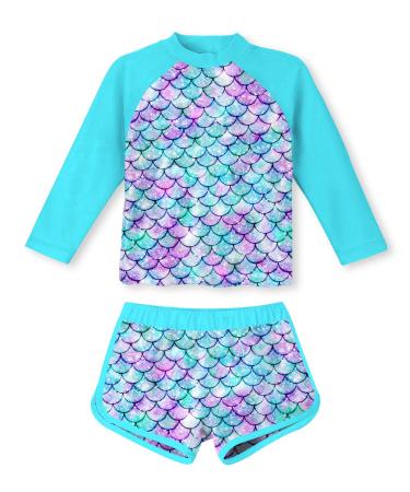 TUONROAD Girls Swimming Costume Toddler Baby Kids Two Piece Long Sleeve Swimsuit UPF 50+ Protection Bathing Suit Swim Set for 4-10 Years 9-10 Years Mermaid