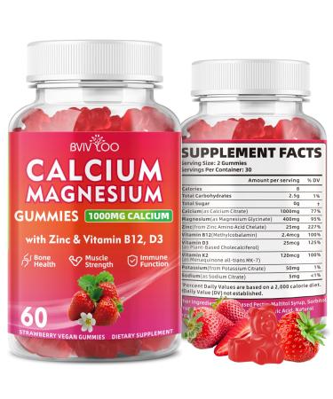 Calcium Gummies 1000mg with Vitamin D3 K2 & B Complex Potassium Calcium Magnesium Zinc Gummies for Bone Muscle Mood and Immunity - Vegan Non-GMO Strawberry Flavor 60 Count 1pack