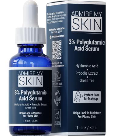 Admire My Skin Organic Polyglutamic Acid Facial Serum - Powerful Hydration & Anti Aging + Hyaluronic Acid + Propolis 1oz