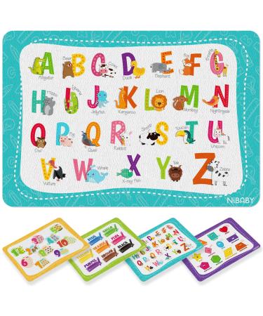 NiBaby Kids' Non Slip Educational Placemats Set of 4 Washable  Children's Interactive Placemats Foldable  Toddler Placemats for Learning Alphabet  Numbers  Shapes  Colors- Durable Reusable PU Leather