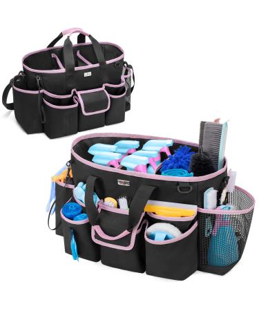LoDird Cleaning Caddy Bag with 3 Compartments and Multifunctional Pockets Cleaning Supplies Organizer for Cleaning Work with Handle and Shoulder Strap Black and Pink Black Abd Pink