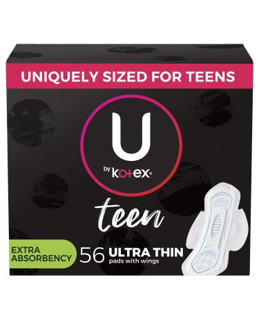 U by Kotex Teen Ultra Thin Feminine Pads with Wings, Extra Absorbency, Unscented, 56 Count (4 Packs of 14) (Packaging May Vary)