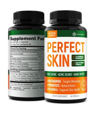 Perfect Skin Acne Pills - Clear Skin Supplement with Niacinamide Probiotic Zinc & Vitamin A - Anti Acne Vitamins for Teens Men & Women - Support for Face & Back Acne Acne Scars - 60 Capsules