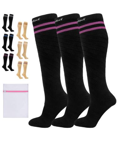 360 RELIEF - Flight Compression Socks Supports | Blood Circulation Travel Work S-M 3Pairs-Black with 2 Pink Line