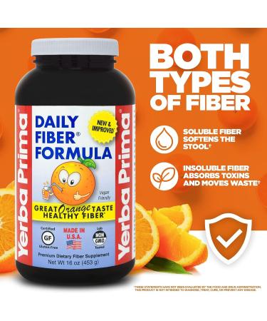 Yerba Prima Daily Fiber Formula 16 oz - Non-GMO, Gluten-Free, Orange Flavor - Made in USA - Buy Online on GoSupps.com