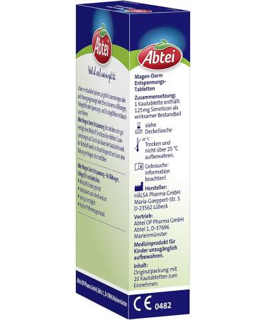 Abbey Stomach Intestinal Relaxation - High-Dose Chewing Tablets for Bloating & Fullness - Peppermint Flavor - 20 Pieces (1 Pack) - International Shipping Available - Buy Online on GoSupps.com