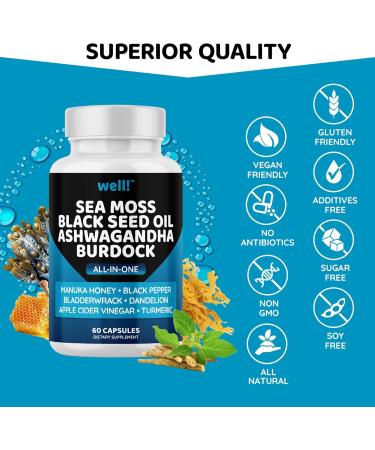 Sea Moss & Super Antioxidants Supplement - 3000mg Sea Moss 2000mg Black Seed Oil Ashwagandha Turmeric & More - 120 Count (Pack of 2) | International Shipping Available - Buy Online on GoSupps.com