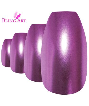 Bling Art Ballerina False Nails Fake Coffin Matte Purple Metallic Acrylic Tips