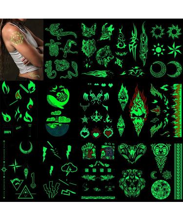 Glow in Dark Temporary Tattoos for Adult Men Women Kids  Luminous Waterproof Fake Temporary Tattoo Moon Sun Wolf Lion Tattoos Body Art Sticker Fun For Party Festival Club Party Decoration(14 Sheets)