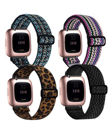 BOTNUW 4 Pack Elastic Bands Compatible with Fitbit Versa 2 /Versa /Versa SE/Versa Lite Wristbands Fitness Smart Watch, Soft Loop Nylon Adjustable Stretchy Replacement Straps for Women Men Boho Green & Colorful & Leopard & …