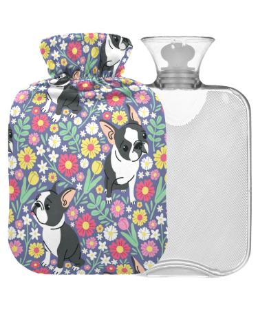 NAANLE hot water bottle with flower pattern pug with reference transparent warm water bottle 1 l heat bottle for pain relief hot and salt therapy bed handhids warmer 1l