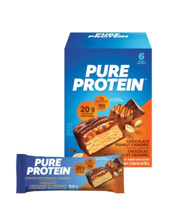 Pure Protein Bars - Nutritious Gluten Free protein bar made with Whey protein blend - low sugar protein snack. Deliciously satisfying. Chocolate Peanut Caramel (Pack of 6)