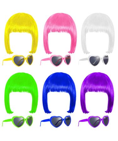 ADXCO 12 Pieces Party Wigs and Sunglass Set Include Neon Short Bob Wig Colorful Sunglasses Colorful Cosplay Costume Wig Heart Shaped Sunglasses for Women Girls Decorations Yellow,Royalblue,Purple,Pink,White,Green